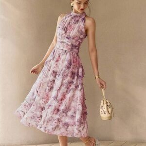 Chic Halter Neck Floral Midi Dress